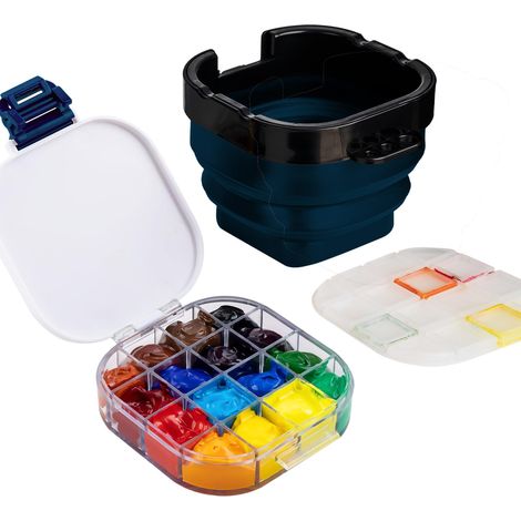 Palette de 16 cavités avec rondelle de pinceau pliable, portable 3 en 1 avec nettoyant pour pinceaux et porte-pinceaux pour aquarelle, huile, acrylique, gouache, bleu (1/5)