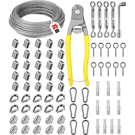 3mm 35m Corde en Acie Kit, Inoxydable 304 Câble en Acier, Suspendre fil à linge avec Tendeur Crochet, Cable Acier PVC Enrobage pour Plante Grimpante, Corde a Linge, Suspension Lumineuse (1/5)