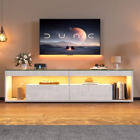 Meuble TV LED blanc brillant 180 cm, 2 tiroirs, pour téléviseur jusqu’à 70 pouces, REDOM (1/5)