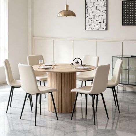 Pour la cuisine et le salon, table à manger ronde en bois massif 120 cm, base cylindrique stable (1/5)