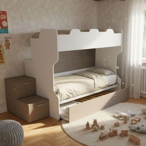 Letto a castello salvaspazio con scala a cassettoni e camminatoio - Bianco e Fumo