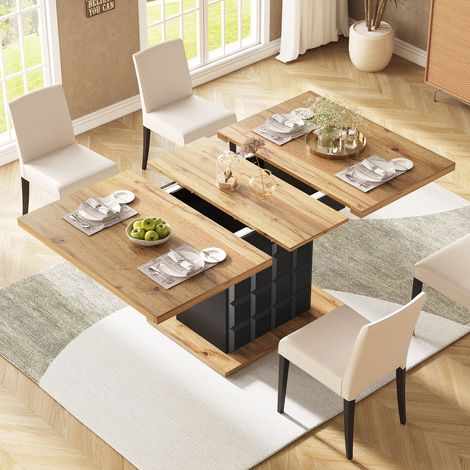 Table extensible 110-140x80cm, table de cuisine pliante pour 4-6 personnes, table à manger escamotable gain de place, table à manger en bois avec motif à carreaux, pour cuisine et salon. (1/5)