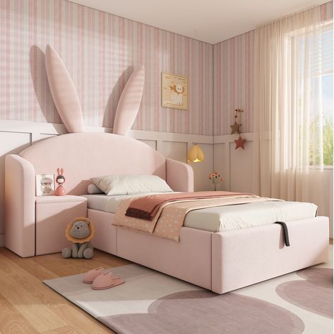 Letto per bambini 206x149x143 cm rosa in velluto con contenitore idraulico e comodino reversibile (1/5)