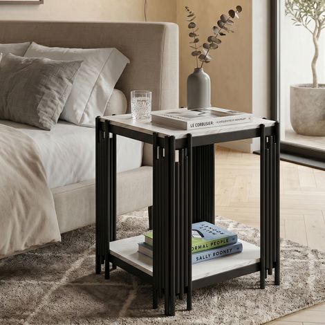 Table de chevet 55cm 2 étagères effet marbre, cadre métallique noir MDF blanc et noir (1/5)