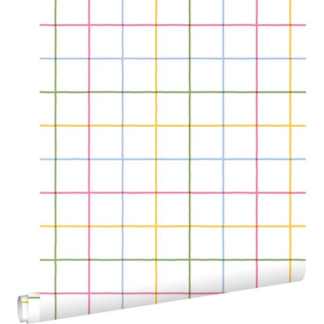 papier peint à damier vert, jaune, rose et bleu  - ESTAhome