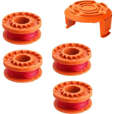 Lot de 4 bobines de rechange WA0010 avec 1 couvercle compatible avec débroussailleuse 20 V, bobines de rechange pour débroussailleuse WG163 WG180 WG175 WG150 WG160 3 m/1,65 mm (1/5)