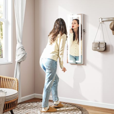 Miroir mural blanche pour bijoux avec lumières LED et vitrine à à serrure à accrocher au mur ou à la porte