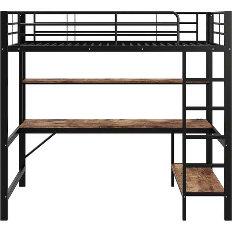 Cama alta 90 x 200 cm de metal y MDF negro con escritorio, estantes, LED, enchufe y USB (1/5)