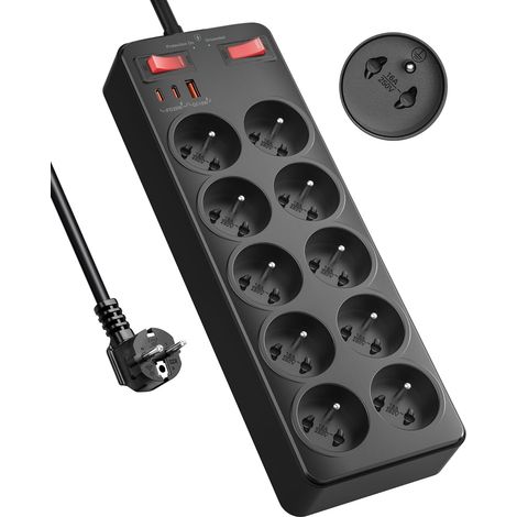 Multiprise avec Interrupteur, 10 Prises Françaises avec Terre 16A 2P+T Bloc Prise Multiple Charge Rapide PD20W (1/5)