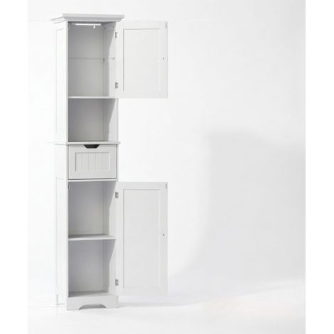 Meuble colonne de salle de bain avec éclairage LED, armoire étroite avec tiroir et 2 portes, rangement haut autoportant, coloris blanc (1/5)