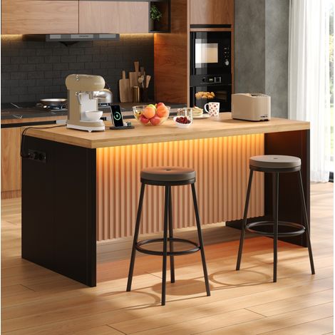 Isola cucina 155x80x90 cm stile industriale con LED, prese USB, piano 40 mm, MDF e legno - nero (1/5)