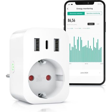 Prise intelligente Wi-Fi avec USB-Smart Life - Mesure du courant-Chargeur USB - Télécommande WiFi via l'application Smart Life-Commande vocale Alexa Google Home-Appareil de mesure des coûts d'énergie (1/4)