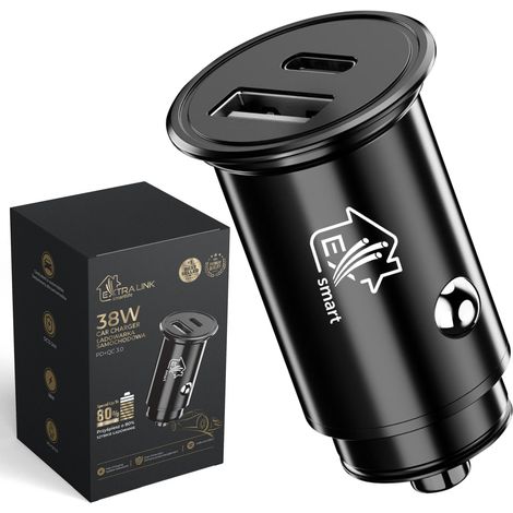 EXTRALINK Adaptador USB de 38 W 12 V para coche, 1 adaptador USB-C y 1 USB-A, Quick Charge 3.0, Power Delivery (PD), compatible con smartphones y tabletas, encendedor de cigarrillos USB, cargador de