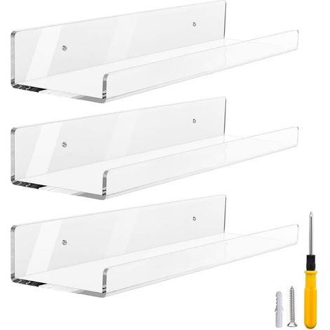 Set of 3 Acrylic Floating Shelves，38.1cm Invisible Transparent Floating Shelves-Bathroom Ledge and Small Toy Display Rack, 5mm Thickness