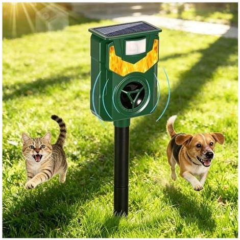 Solarbetriebenes Ultraschall-Tierabwehrgerät für Katzen, Hunde und Gärten wasserdicht nach IP44 mit Flammenlampe wehrt Mäuse, Vögel und Marder ab. (1/5)