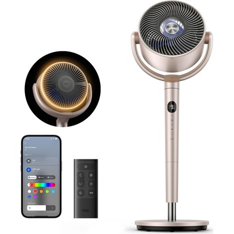 Ventilateur sur Pied Intelligent, Oscillation 120° + 120°, Portée jusqu'à 30 m, RGB, 9 Vitesses, 6 Modes, 20 dB, Wi-Fi, Commande Vocale, Hauteur Réglable 89–102 cm, Minuterie 8 h, Starlight