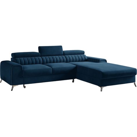 Canapé d’angle convertible GRENKY en velours avec coffre et têtières réglables – 278cm angle droit-Bleu foncé-angle droit (1/5)