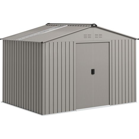 Caseta metálica gris de 2,74 x 1,83 m – Kit de cimentación – Ventilación y puertas incluidas – Almacenamiento exterior