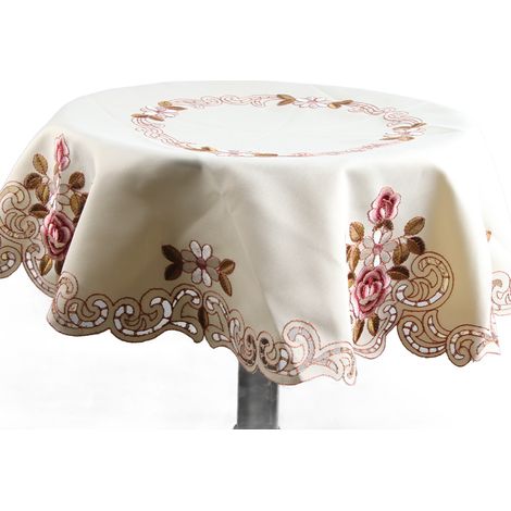 Nappe ronde rouge à broderies florales, 85 cm (1/5)