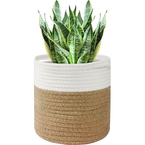 30 cm großer Pflanztopf für Zimmerpflanzen, gewebter Baumwollkorb mit Futter, großer dekorativer Behälter für Zuhause, Pflanzgefäß (weiß und braun) (1/5)