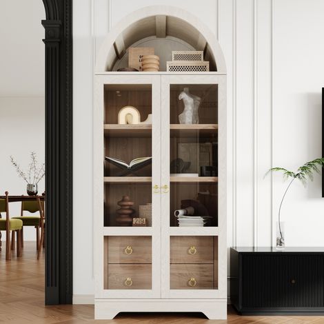 Aparador alto alacena de cocina 76.2 x 40.1 x 180 cm mueble buffet para salón moderno escandinavo de mdf y vidrio con cajones - blanco y madera (1/5)