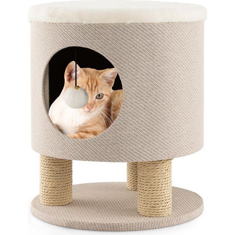COSTWAY Taburete para Gatos 3 en 1 con Condominio, Casa para Mascotas Otomana, Cueva para Gatos con Poste Rascador y Bola de Felpa, Cama Gato Cueva 40 x 40 x 47 cm (Beige) (1/5)