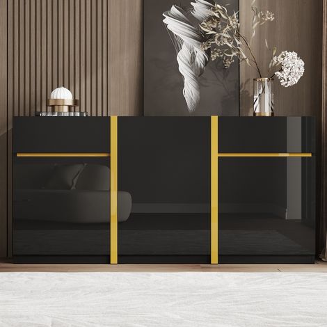 Credenza moderna 160 cm laccata lucida con 3 ante e 2 cassetti, grande mobile contenitore con ripiani regolabili, 160x40x78 cm - Nero