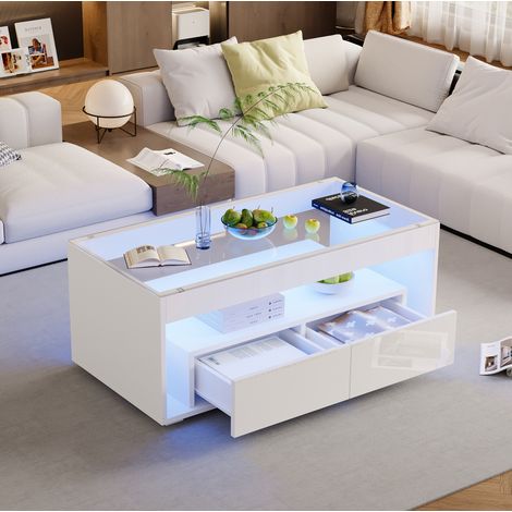 Couchtisch (100 x 50 x 40 cm), mit LED Beleuchtung, 2 Schubladen, Glasplatte, Spanplatte, Weiß (1/5)