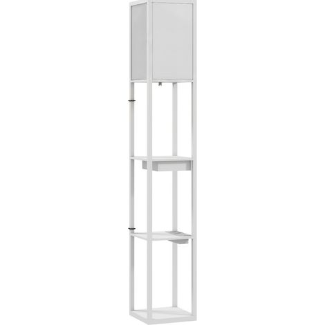 Lámpara de pie con estantería de 3 niveles, interruptor de pie, USB, MDF blanco (1/5)