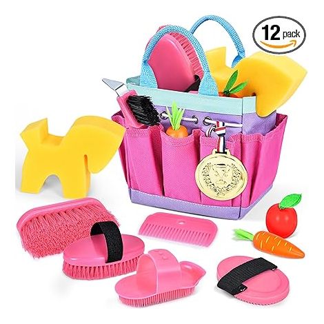 Horse Grooming Set, Toy Accessories Care Equipment Bag with Massage Brush and Hoof Scraper (1/3)