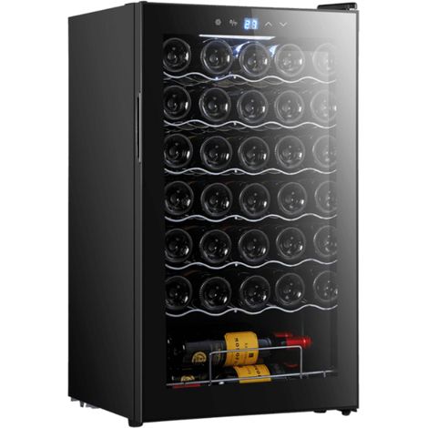 Weinkühler devon 34 Flaschen of Kapazität mitKompressorsystem ofKühlung daseine hohe Leistung garantiert. Einstellbare Temperatur und LED-Innenbeleuchtung.