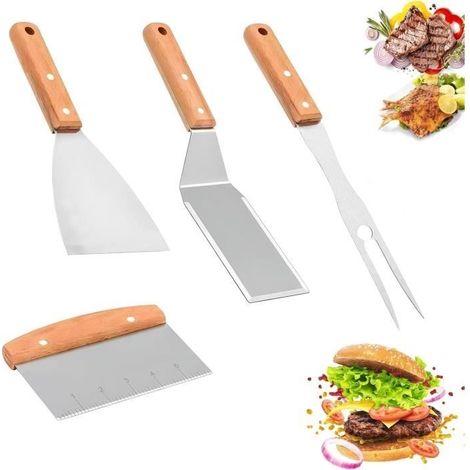 4Pcs Spatule Plancha,Ustensiles Barbecue INOX Accessoires Plancha,Spatule Coudée avec Manche en Bois Massif Spatule Pizza (1/4)