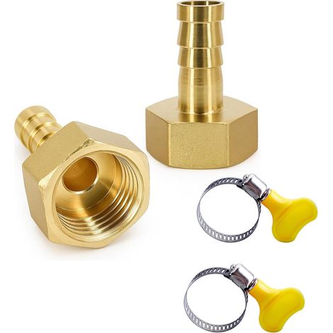 2 Pièces Raccord Laiton G1/2" Femelle avec Colliers de Serrage, Adaptateur Tuyau 10mm pour Eau, Gaz, Air et Huile, Installation Facile Bouton Tournant -