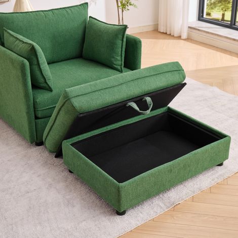 Canapé 1 place avec pouf de rangement, tissu velours vert, 149 x 103,5 x 81 cm, REDOM (1/5)