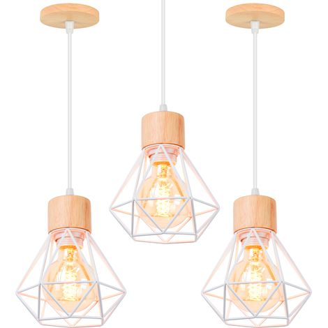 3PCS Pendant Light in Cage Diamond Made of Metal E27 Ceiling Light in Wood for Kitchen Island Dining Room White (1/5)