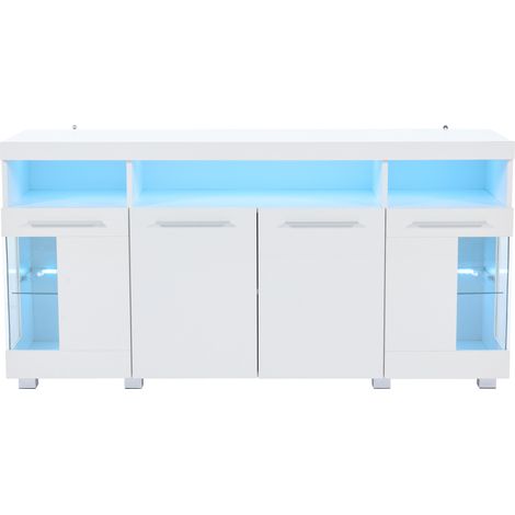 Credenza soggiorno 140x40x70 cm con luce LED, ante in vetro temperato, pannello truciolare bianco (1/5)