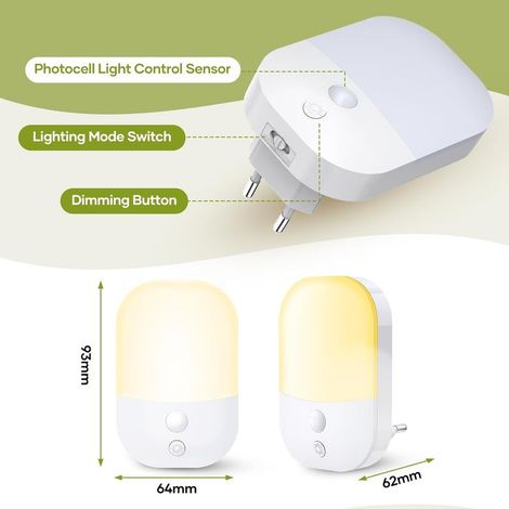 Set di 2 luci notturne con sensore crepuscolare, 5 livelli di luminosità, modalità on/off/automatica, luce notturna bianca calda 3000K per corridoio, camera da letto, cucina, soggiorno, bagno, 0,3W (1/4)