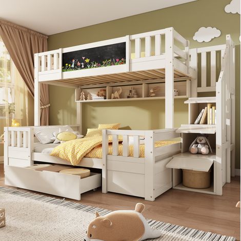 Letto a castello 90x200 cm e 140x200 cm con lavagna, scala portaoggetti, 1 cassetto, ripiani portaoggetti, senza materasso, bianco (1/5)