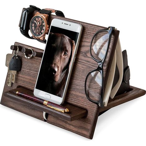 Multifunktionaler, wandmontierter Schlüsselhalter aus hellbraunem Holz, Schreibtisch-Organizer mit Handy- und Uhrenhalterung, originelle Geschenkidee für Papa, Ehemann, Ehefrau, zum Vatertag, Geburtst (1/5)