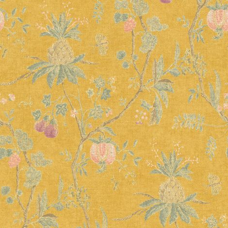 Papel pintado floral Profhome 367194 papel pintado no tejido ligeramente texturado con dibujo floral mate amarillo verde 5,33 m2