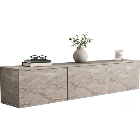 Mobile Porta tv Carosino, 3 Vani, 3 Ante, Apertura a Ribalta, 160x32x35h cm Beige Marmo