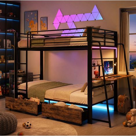 Hochbett 140x200 cm aus Metall und MDF mit Schreibtisch, RGB-LED, Schubladen und Steckdosen OKWISH (1/5)