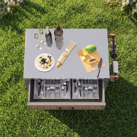 Meuble de jardin mobile sur roues avec plan de travail en acier inoxydable – Rangement d'outils roulant avec tiroir et rayon, buffet extérieur imperméable à double étagère et porte-linge, station de g (1/5)