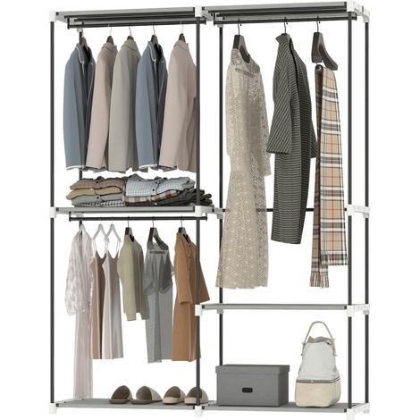 Armoire ouverte 4 étagères en tissu 3 barres de suspension cadre métallique gris clair 142x43x185 cm