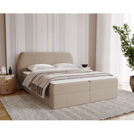 Emporius Lit double 140x200 Cartagena avec matelas, rangement - tête de lit arrondie, velours, Beige (1/5)