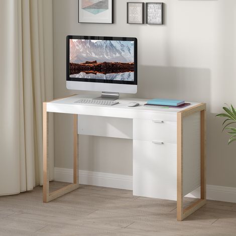 Geräumiger Schreibtisch mit Schubladenschrank, modernes Gestell, 112,5 x 50 x 75,5 cm, Weiß