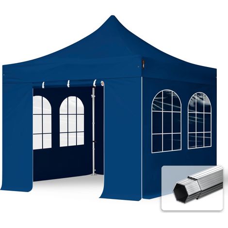 3x3 m Faltpavillon PROFESSIONAL Alu 40mm, Seitenteile mit Sprossenfenstern, blau
