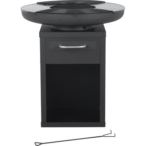 BIGHORN Grand Brasero Plancha Barbecue, Rond, Noir, avec Tiroir et Rangement, φ80 x H92 cm