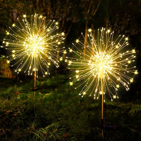 Solarleuchten für den Außenbereich, Solar-Feuerwerk, IP65 wasserdicht, 8 Modi, Solar-Löwenzahnlicht für Wege, Rasen, Terrasse, Hofdekoration – (2 Stück 120 LEDs/Warmweiß) (1/5)