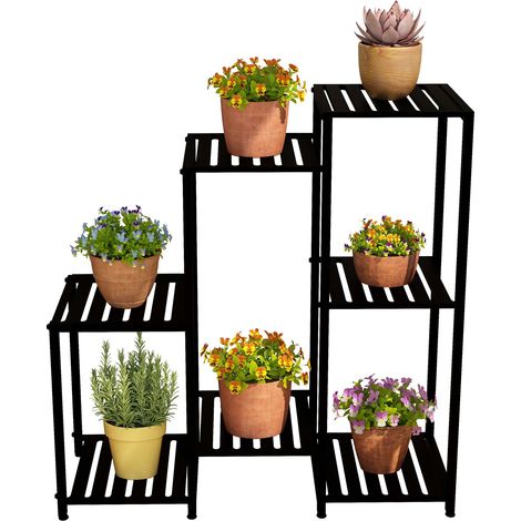 Relaxdays Blumenregal aus Metall, 7 Ablagen für Blumen- & Pflanzentöpfe, Pflanzentreppe, HBT: 81 x 80 x 28,5 cm, schwarz